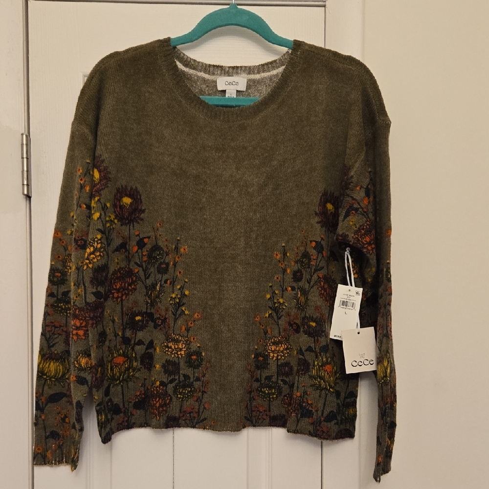 CeCe Olive Multicolor Floral Sweater